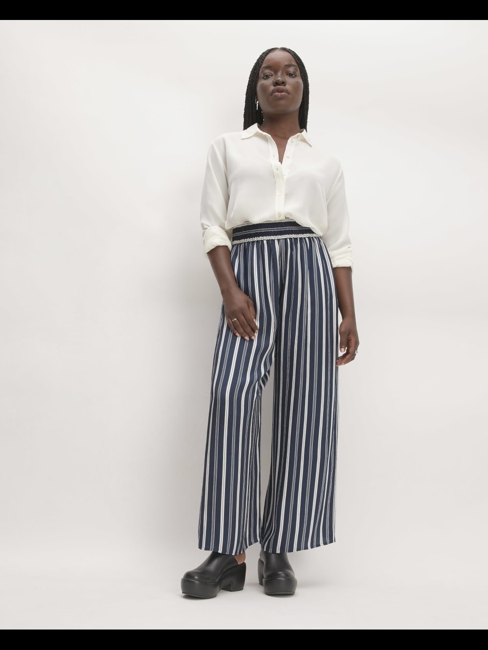 New Everlane (Pre-Shein) Satin Wide Leg Striped Pull-On Pants - Navy & White